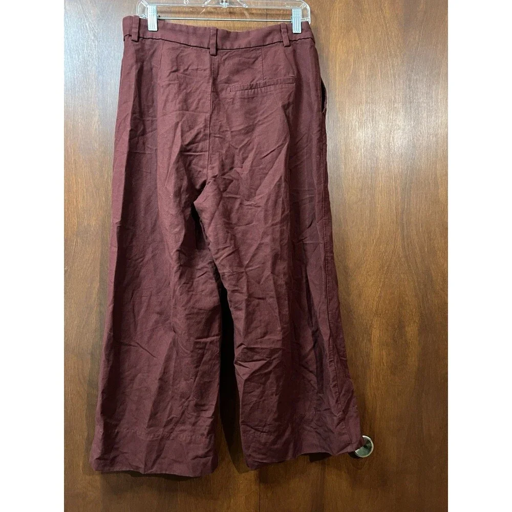 H&M Womens Linen Blend Wide Leg Burgundy Pants Pockets Size 10 Minimalist Chic